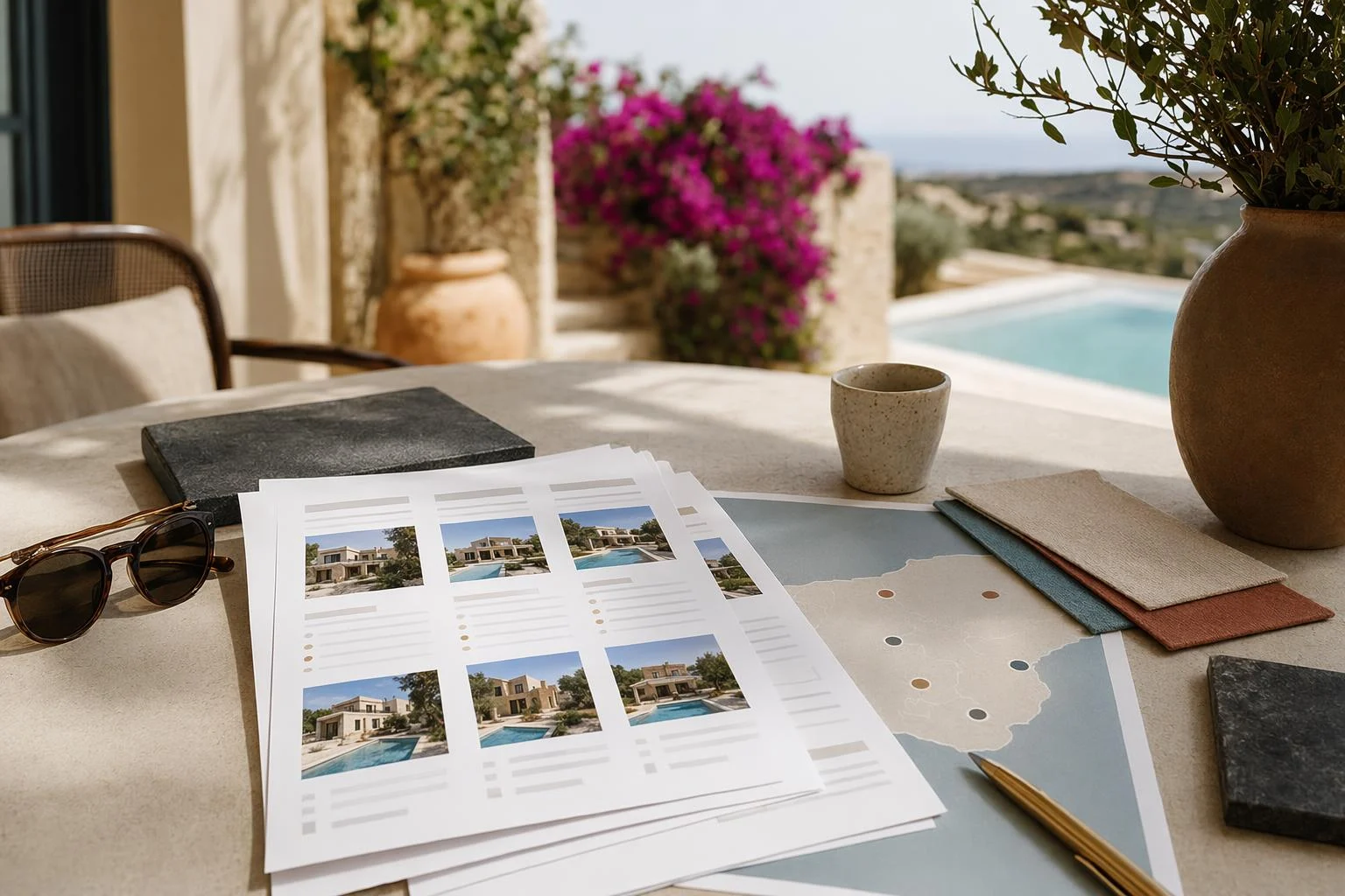 Cyprus villa shortlist notes and viewing questions on a terrace